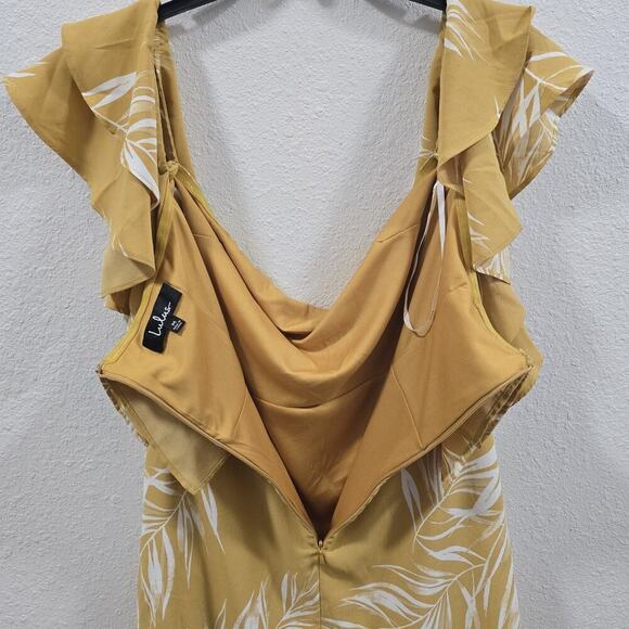 Lulu's Be-Leaf the Hype Off the Shoulder Mini Dress Mustard Party Size M - Picture 12 of 14